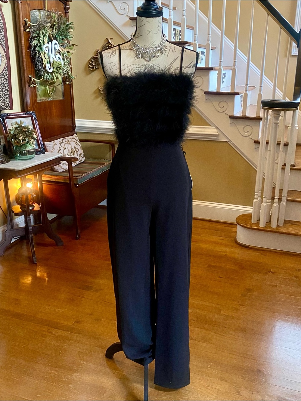 Crystal sky feather front tie back jumpsuit